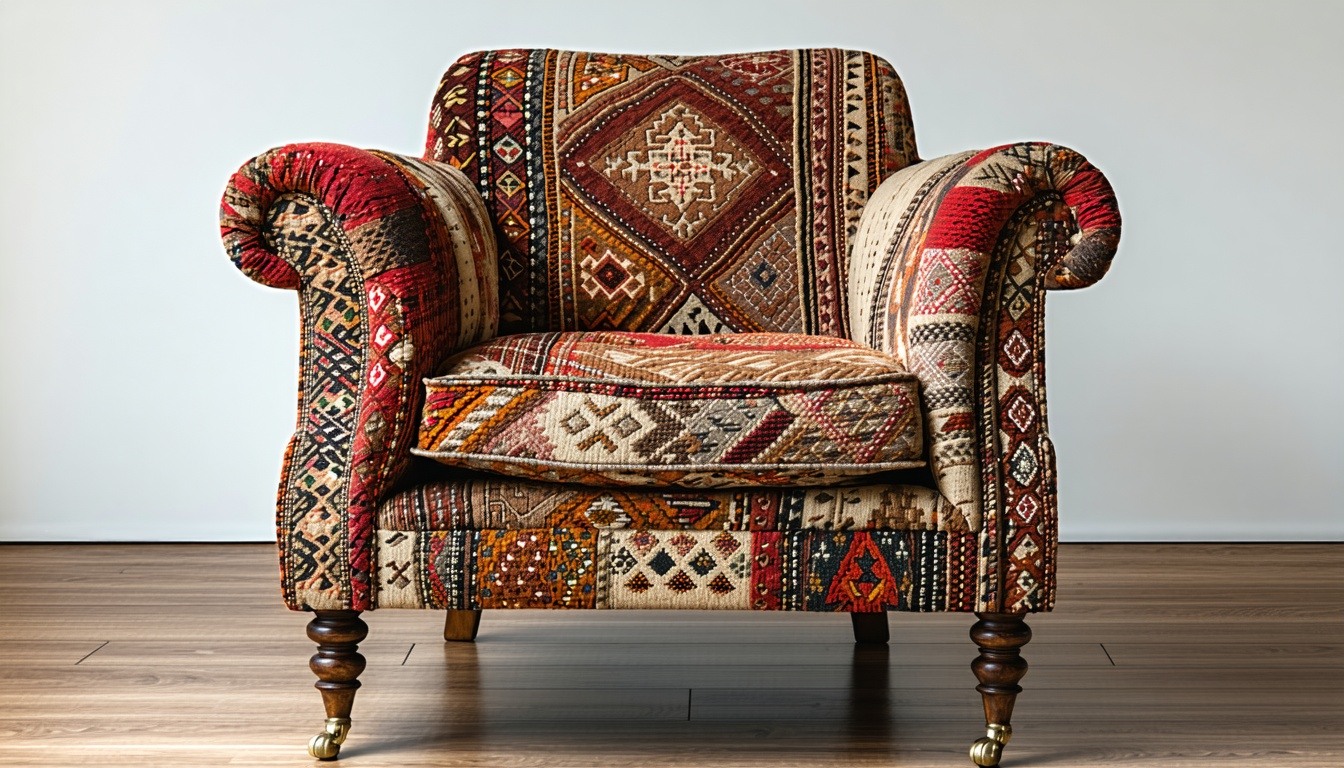 A beautifully upholstered vintage armchair with intricate patterns.